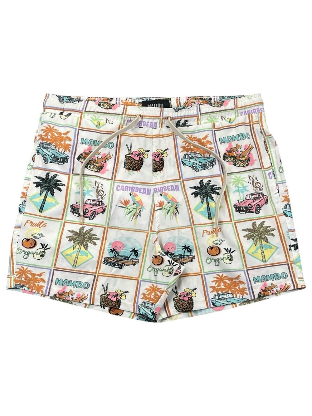 Malibu by Drill Men’s Swim Trunks XL Tropical Retro Print Mesh Lined Drawstring